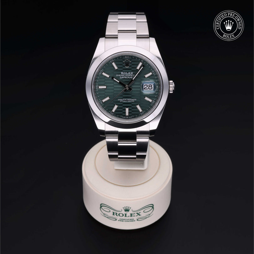 Rolex Certified Pre-owned Datejust M126300-0021 front on black background