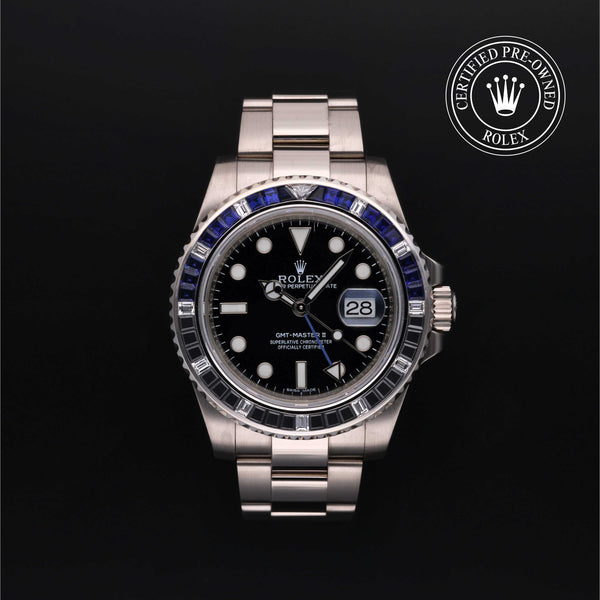 Rolex Certified Pre-owned GMT M116749SABLNR-0001 front on black background