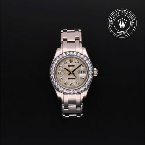 Rolex Certified Pre-owned Lady Datejust Pearlmaster M80299-0073 front on black background