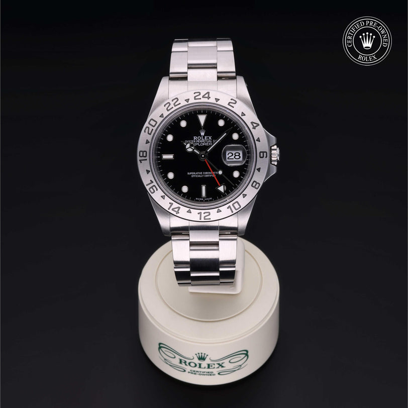 Rolex Certified Pre-owned Explorer M16570-0005 front on black background