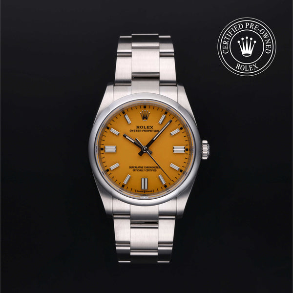 Rolex Certified Pre-owned Oyster Perpetual M126000-0004 front on black background