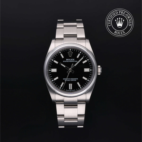 Rolex Certified Pre-owned Oyster Perpetual M126000-0014 front on black background