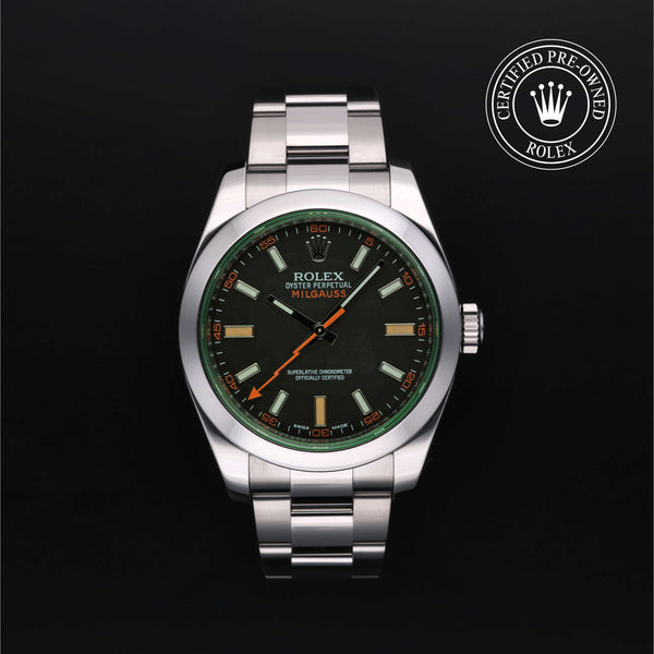 Rolex Certified Pre-owned Milgauss M116400GV-0001 front on black background