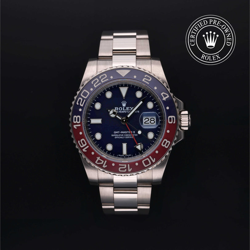 Rolex Certified Pre-owned GMT M116719BLRO-0002 front on black background
