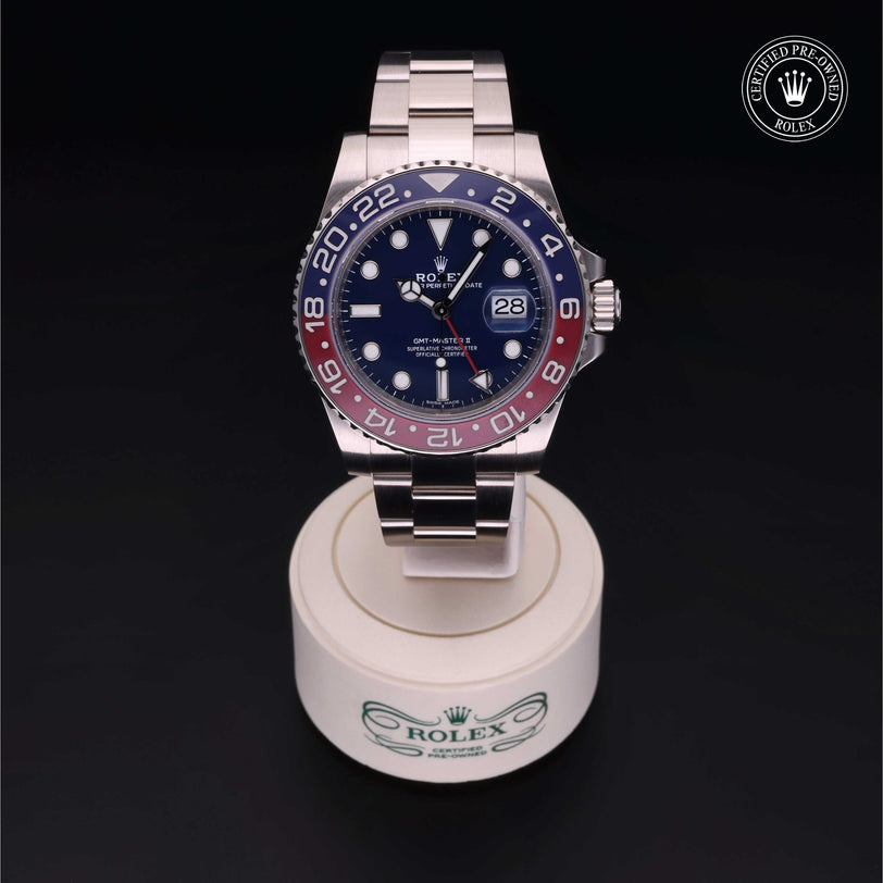 Rolex Certified Pre-owned GMT M116719BLRO-0002 front on black background