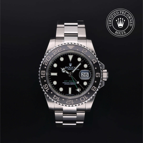 Rolex Certified Pre-owned GMT M116710LN-0001 front on black background