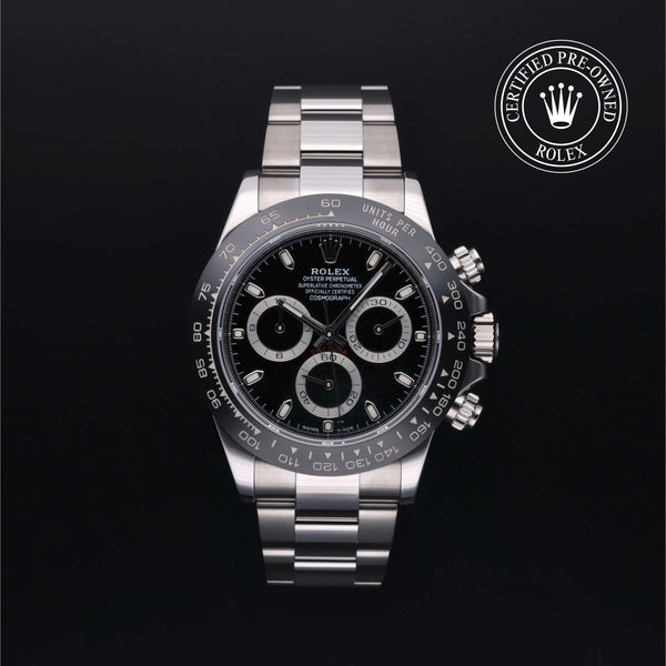 Rolex Certified Pre-owned Daytona M116500LN-0002 front on black background