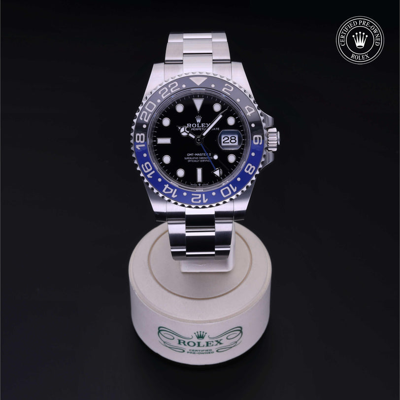 Rolex Certified Pre-owned GMT M126710BLNR-0003 front on black background