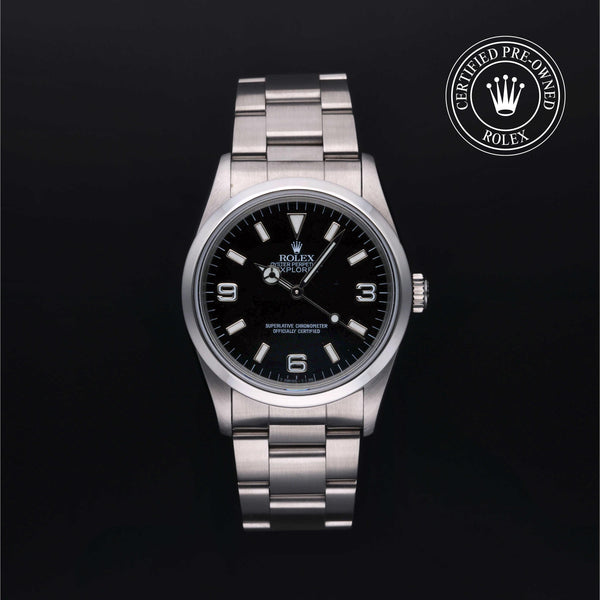 Rolex Certified Pre-owned Explorer M14270-0001 front on black background
