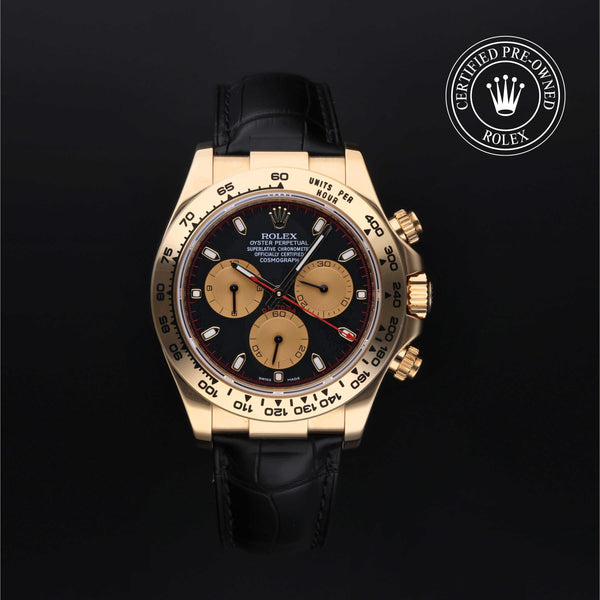 Rolex Certified Pre-owned Daytona M116518-0037 front on black background