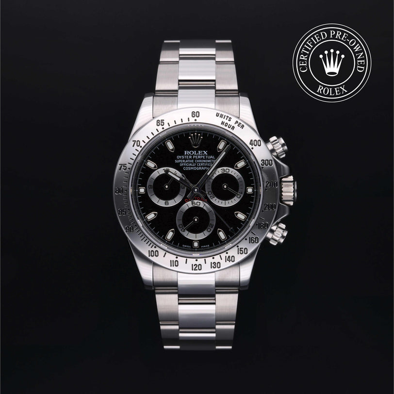 Rolex Certified Pre-owned Daytona M116520-0015 front on black background