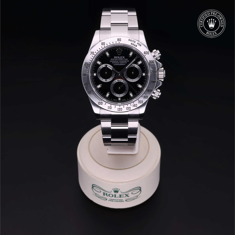 Rolex Certified Pre-owned Daytona M116520-0015 front on black background