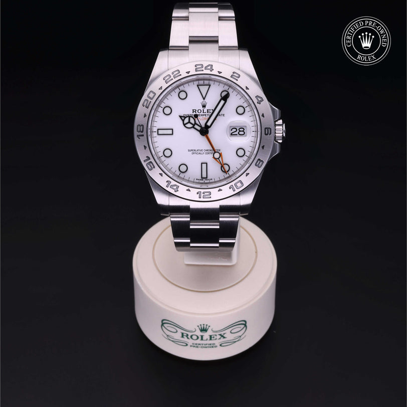 Rolex Certified Pre-owned Explorer II M216570-0001 front on black background