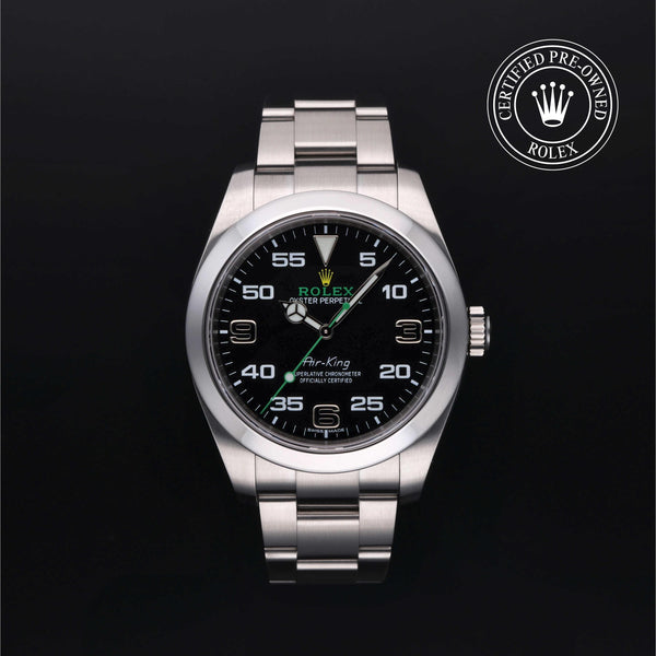 Rolex Certified Pre-owned Air-King M116900-0001 front on black background