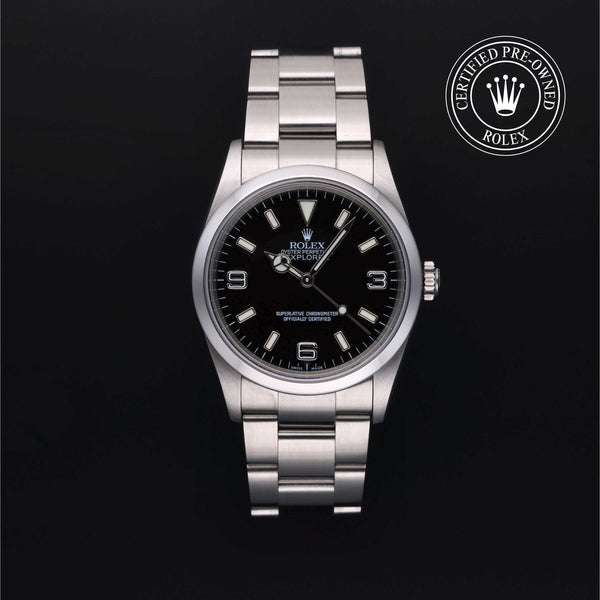 Rolex Certified Pre-owned Explorer M114270-0002 front on black background