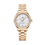 OMEGA Seamaster Aqua Terra 150M 30mm, Moonshine™ gold on Moonshine™ gold Watch, with a Diamond Bezel and Mother-of-Pearl Dial with Diamond Markers on a Moonshine™ gold integrated bracelet.