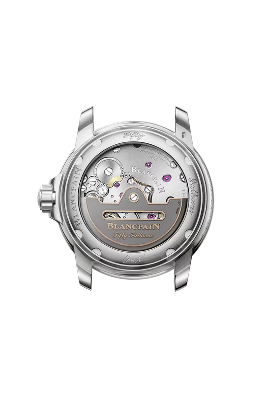 Titanium watch case back showing exposed automatic movement with purple jewels and Blancpain branding.