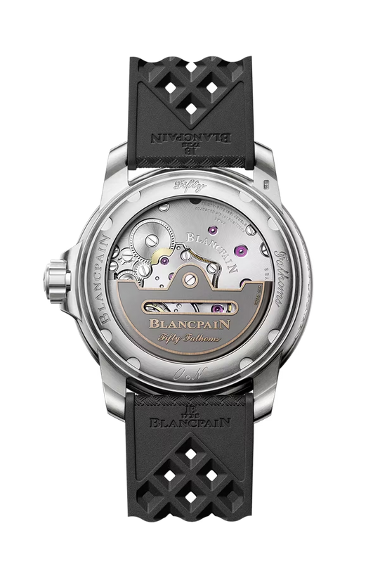 Blancpain Fifty Fathoms watch with stainless steel case, black sunburst dial, visible mechanical movement through exhibition