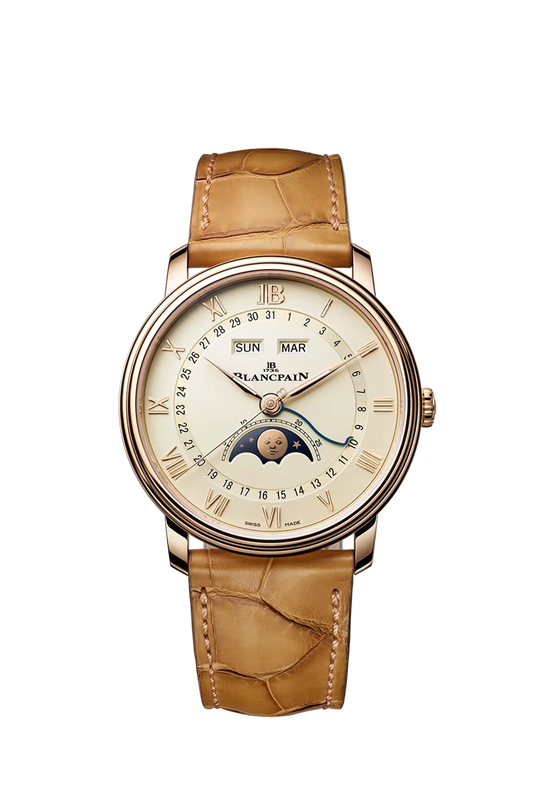Blancpain Villeret watch with cream dial, moon phase complication, day and month windows, Roman numerals, and tan alligator l