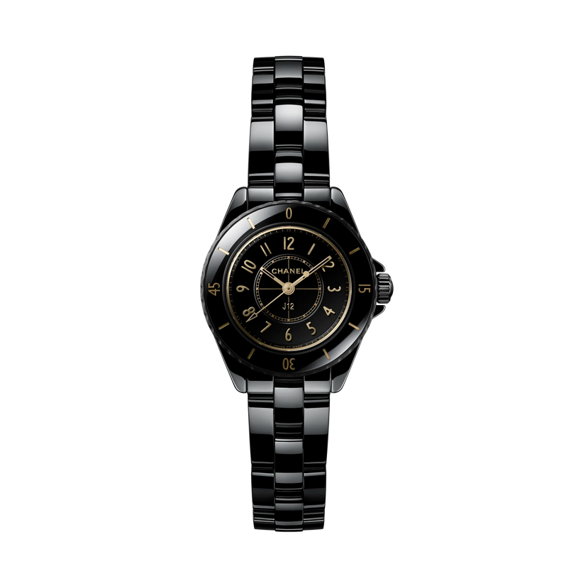 Black Chanel watch with a white background