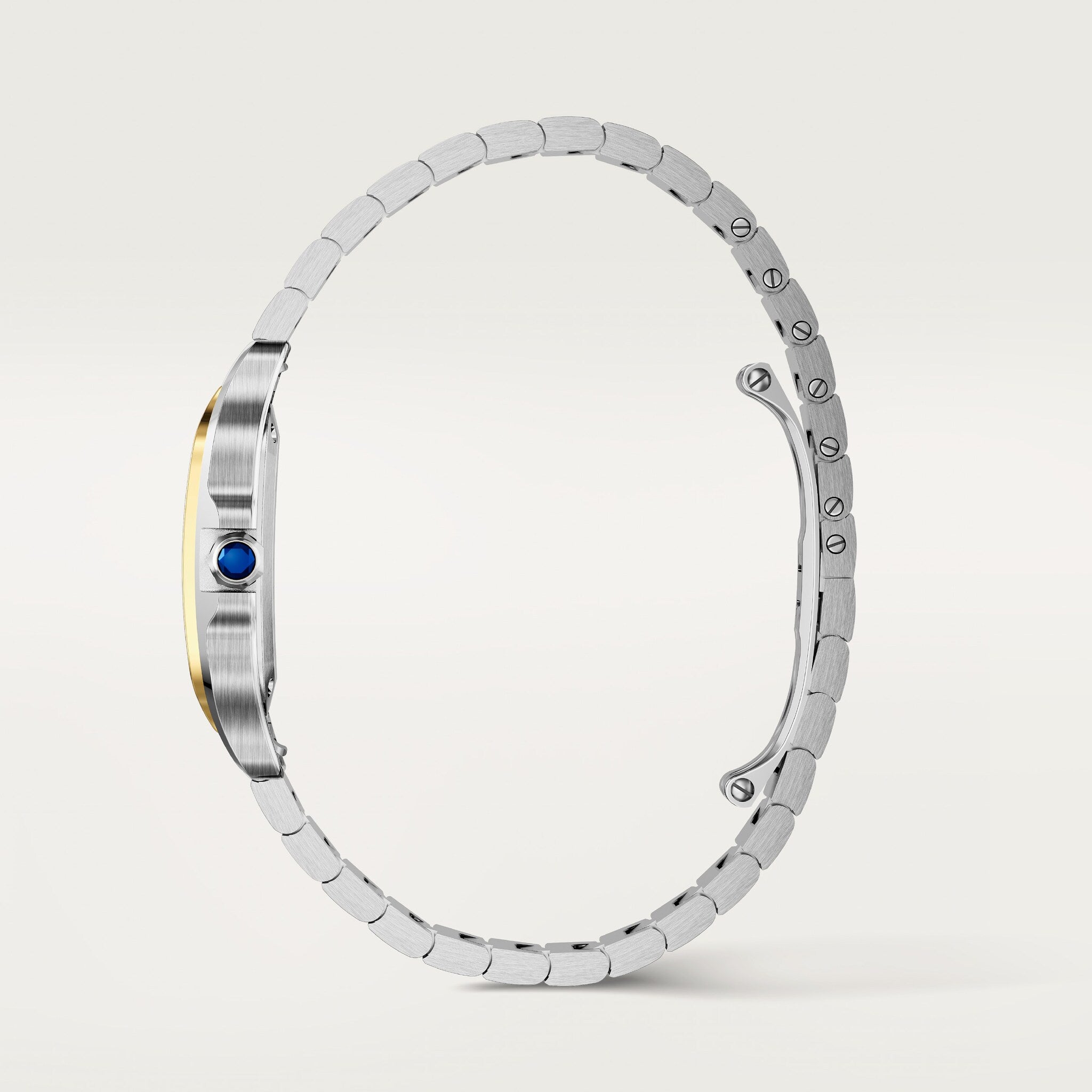 The Santos De Cartier Watch by Cartier features a slim silver case, gold bezel, and blue crown, displayed in vertical side profile on a white background.