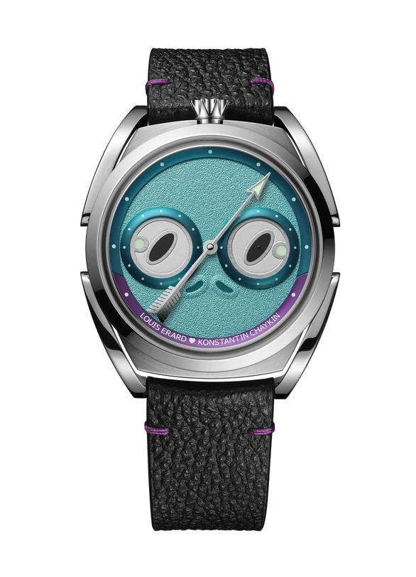 Titanium watch with turquoise dial featuring frog-shaped design, two circular windows, metal hands, black textured strap with