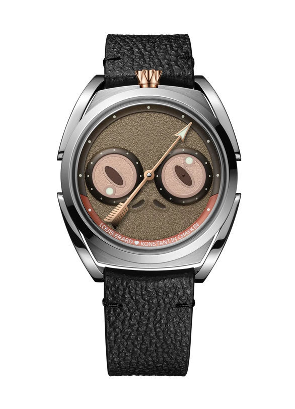 Titanium watch with brown textured dial featuring frog-shaped face design, rose gold hands, and black leather strap.