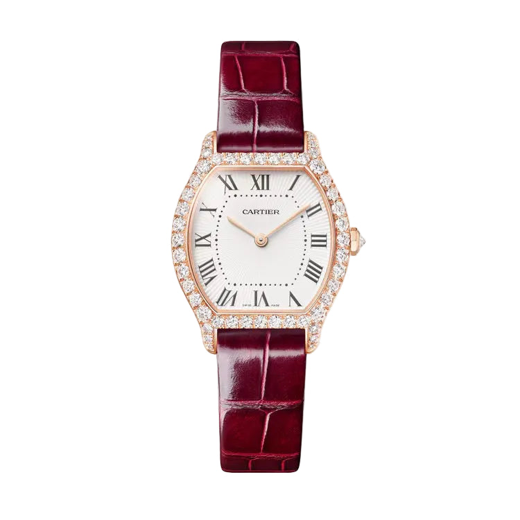 Rose gold tonneau watch with diamond-set bezel, cream dial with Roman numerals, and burgundy crocodile leather strap.