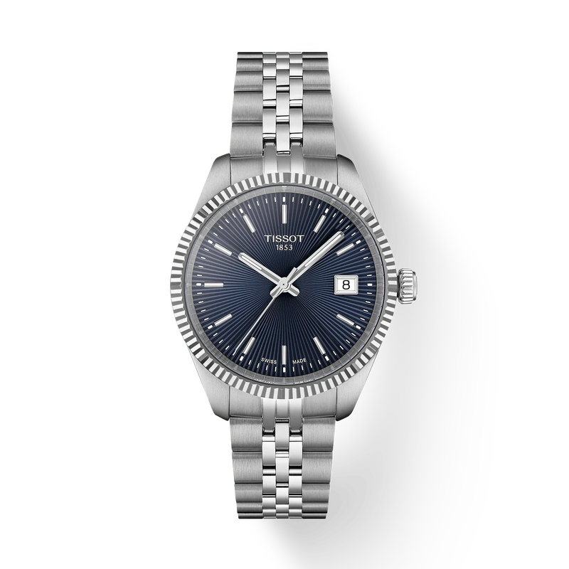 Silver Tissot watch with blue dial on a white background