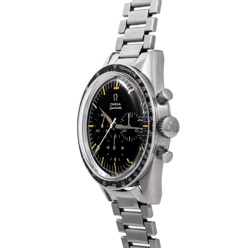 Side view of an OMEGA Speedmaster watch featuring a black dial and stainless steel bracelet.