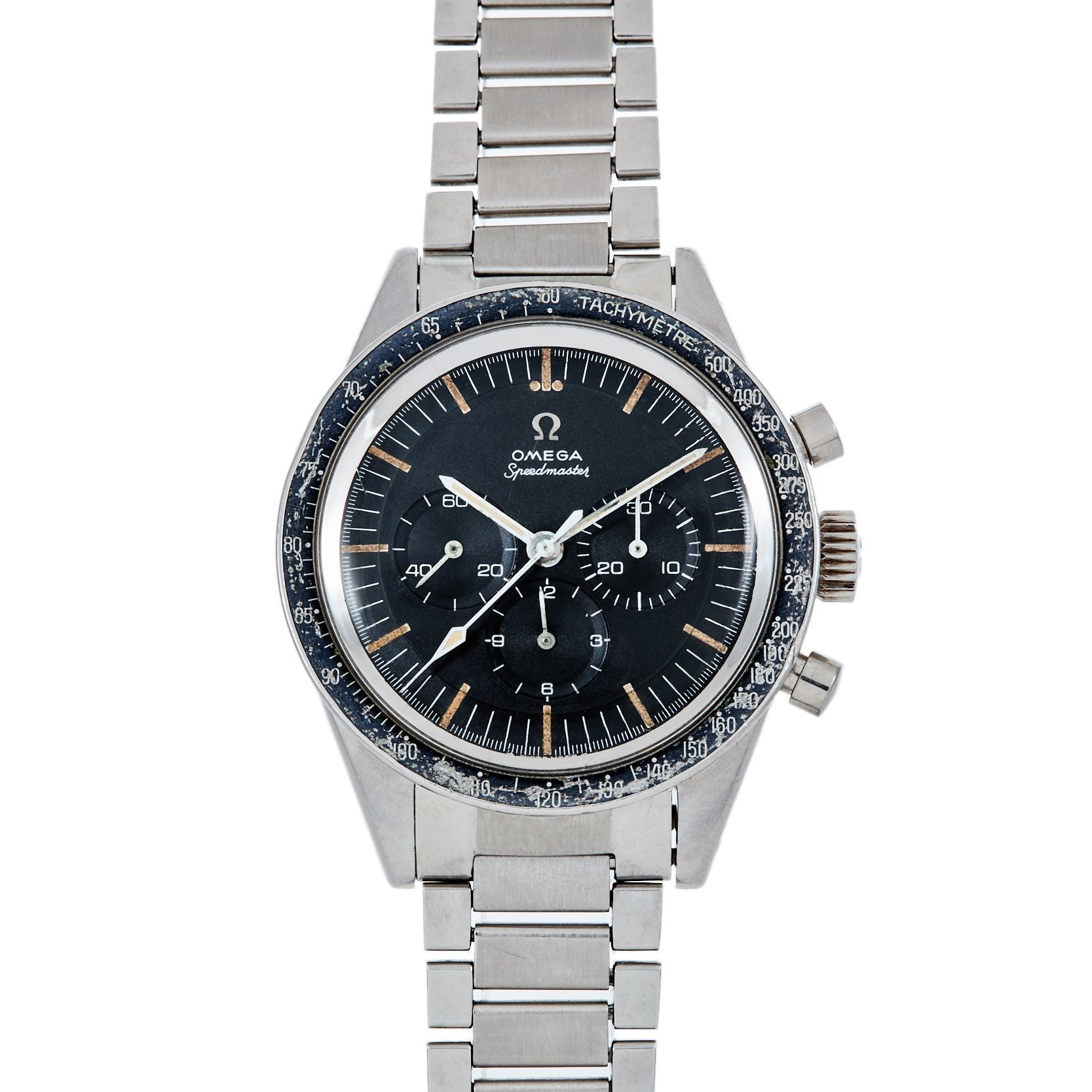 A Speedmaster Ed White wristwatch by Watches of Switzerland featuring a silver case, black dial, and metal link band.