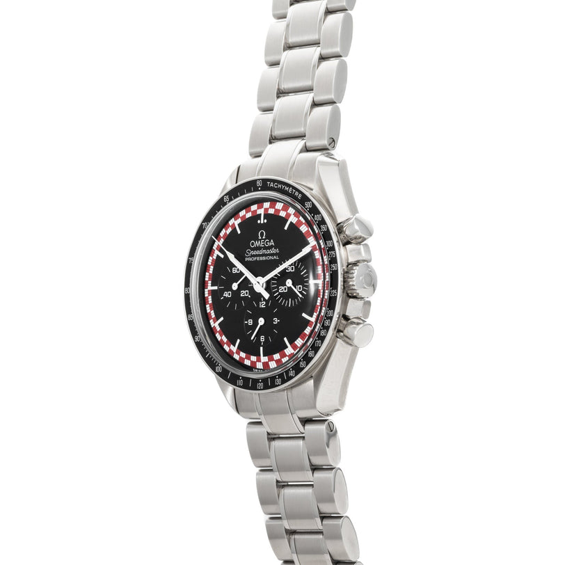 OMEGA Speedmaster Tintin watch featuring a black dial with red and white accents, paired with a stainless steel bracelet.