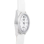 The TUDOR Glamour Date is a white wristwatch featuring a round face, diamond hour markers, and a white leather strap.