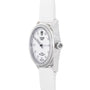 The TUDOR Glamour Date wristwatch features a white dial with diamond hour markers and a white leather strap, shown from an angled perspective.