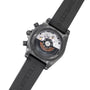 Back view of the Breitling Chronomat Raven watch showing its exposed automatic movement and black rubber strap.
