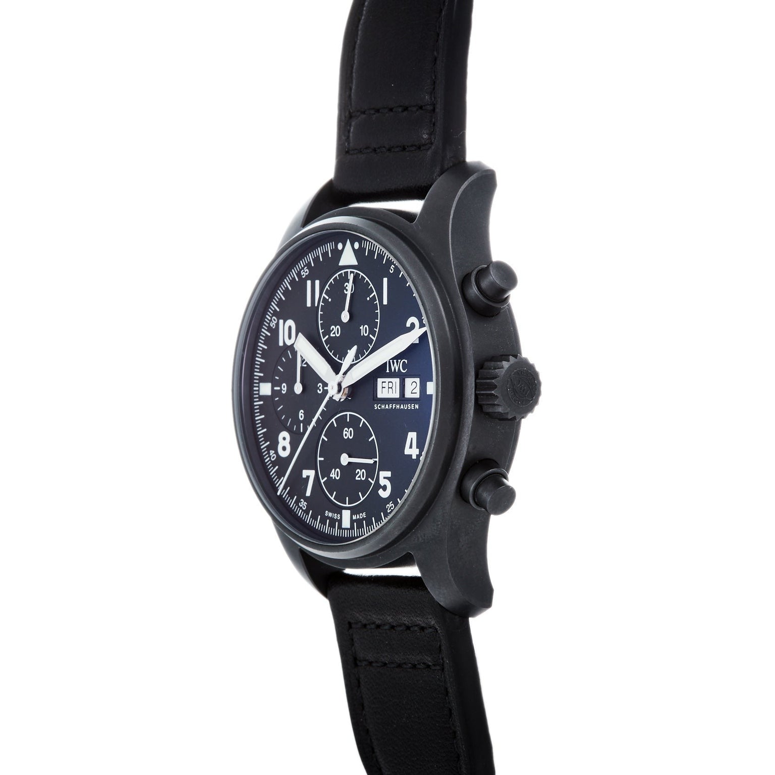 A black IWC Schaffhausen Pilots Watch Chronograph Tribute To 3705 with a leather strap, displayed at an angle to highlight the side buttons and dial.