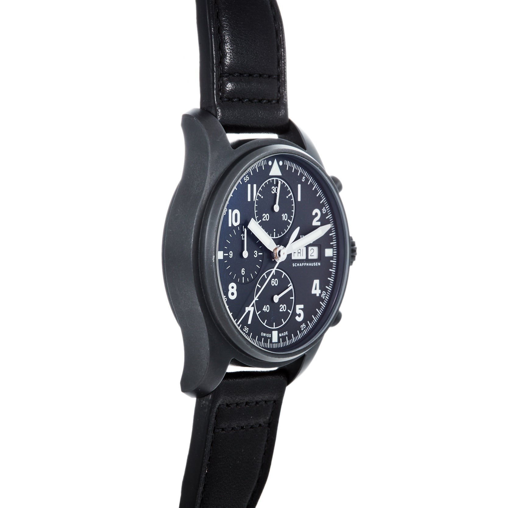 The IWC Schaffhausen Pilots Watch Chronograph Tribute To 3705 features a black leather strap and a round black dial, shown at an angle.