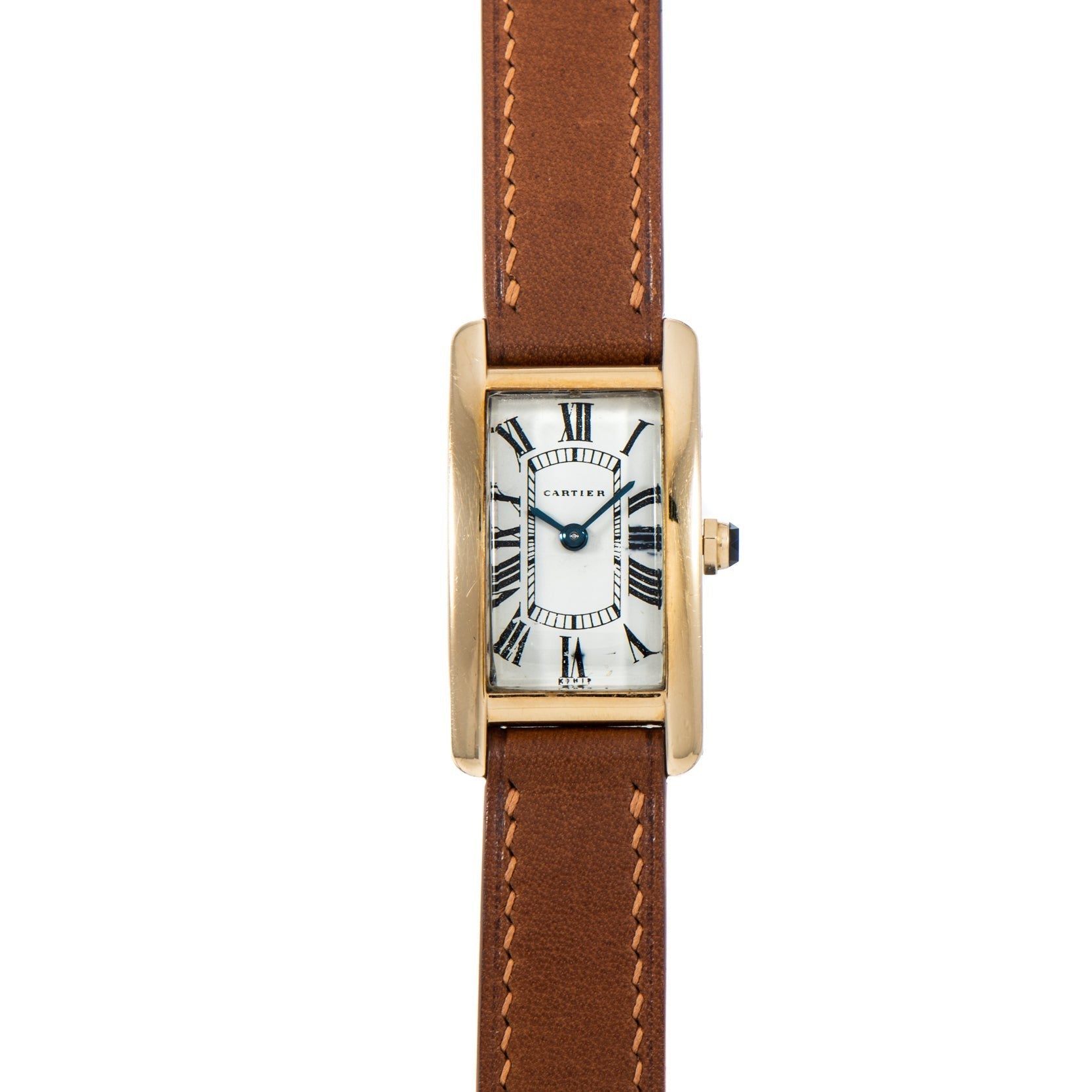 Cartier Tank Cintrée Ladies watch with a gold rectangular case, Roman numerals, and brown leather strap, shown from above.