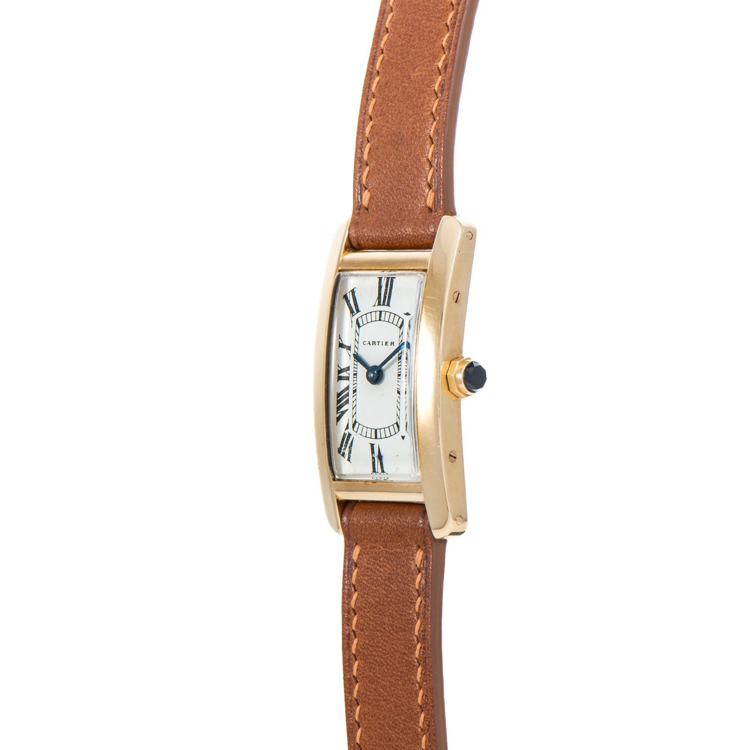 Cartier Tank Cintrée Ladies gold rectangular wristwatch with brown leather strap and Roman numeral dial, shown from the side.