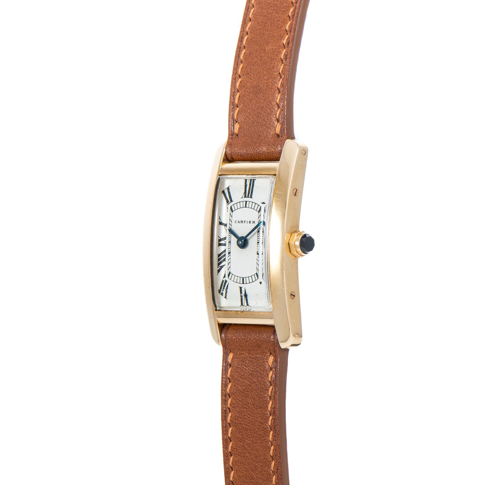Cartier Tank Cintrée Ladies gold rectangular wristwatch with brown leather strap and Roman numeral dial, shown from the side.