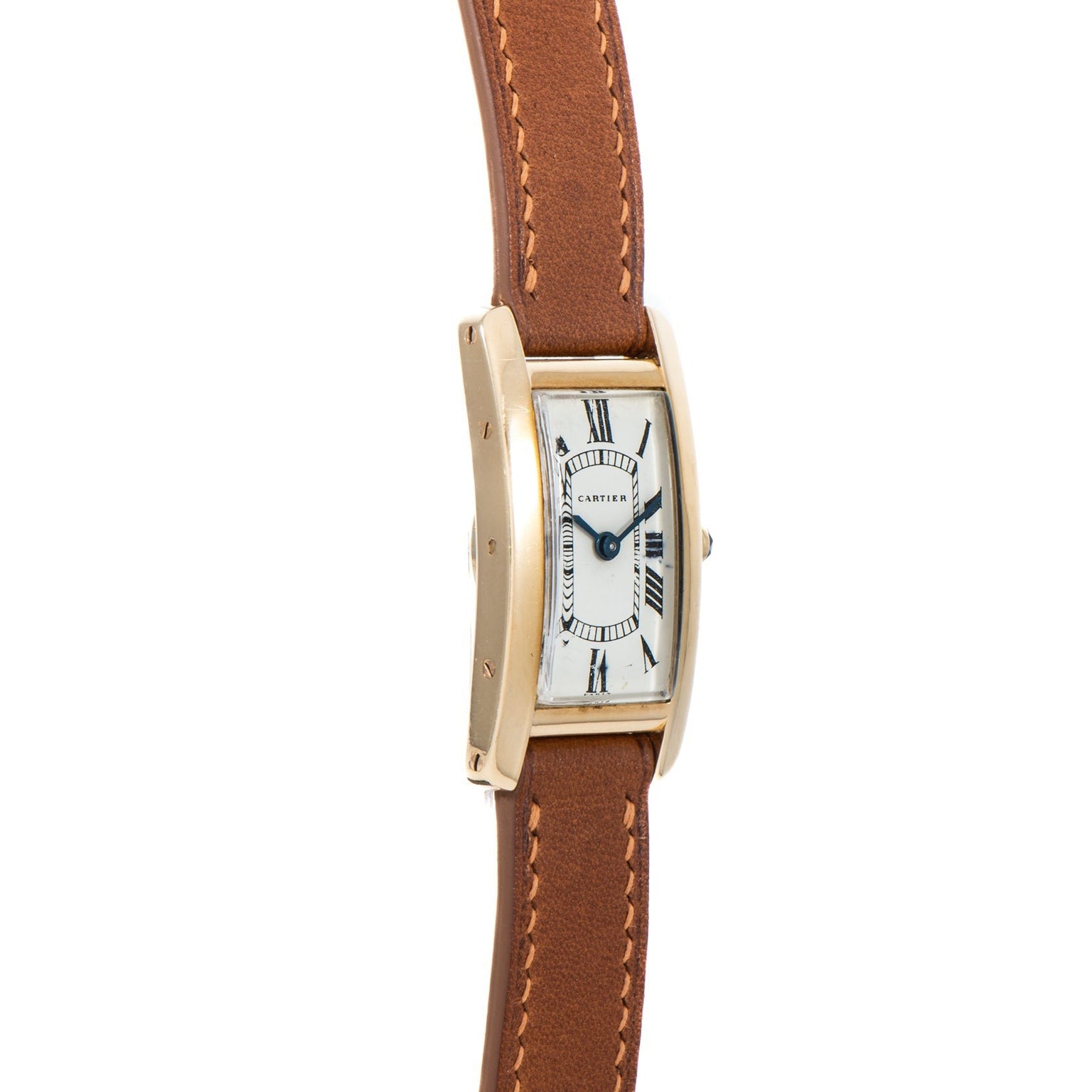 Cartier Tank Cintrée Ladies watch featuring a gold rectangular case, white dial with Roman numerals, and a brown leather strap.