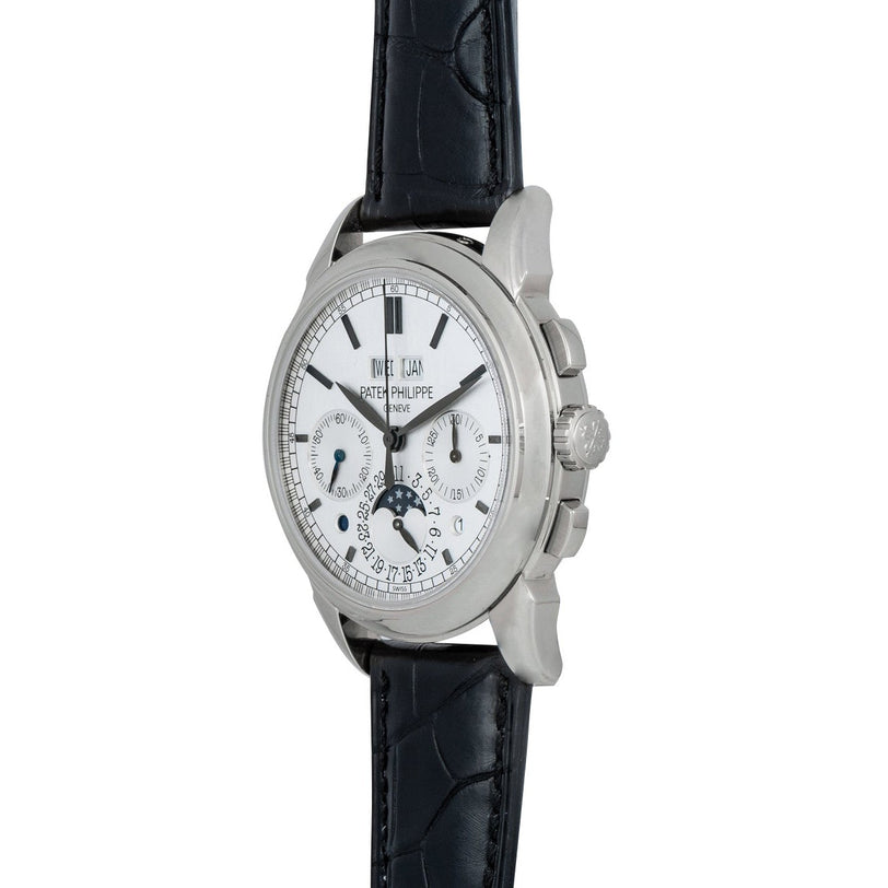 Patek Philippe Perpetual Calendar Moonphase Chronograph featuring a black leather strap and multiple dials on a white face.
