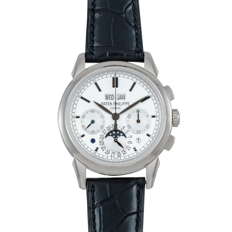 The Patek Philippe Perpetual Calendar Moonphase Chronograph features a white dial, black leather strap, and multiple subdials.