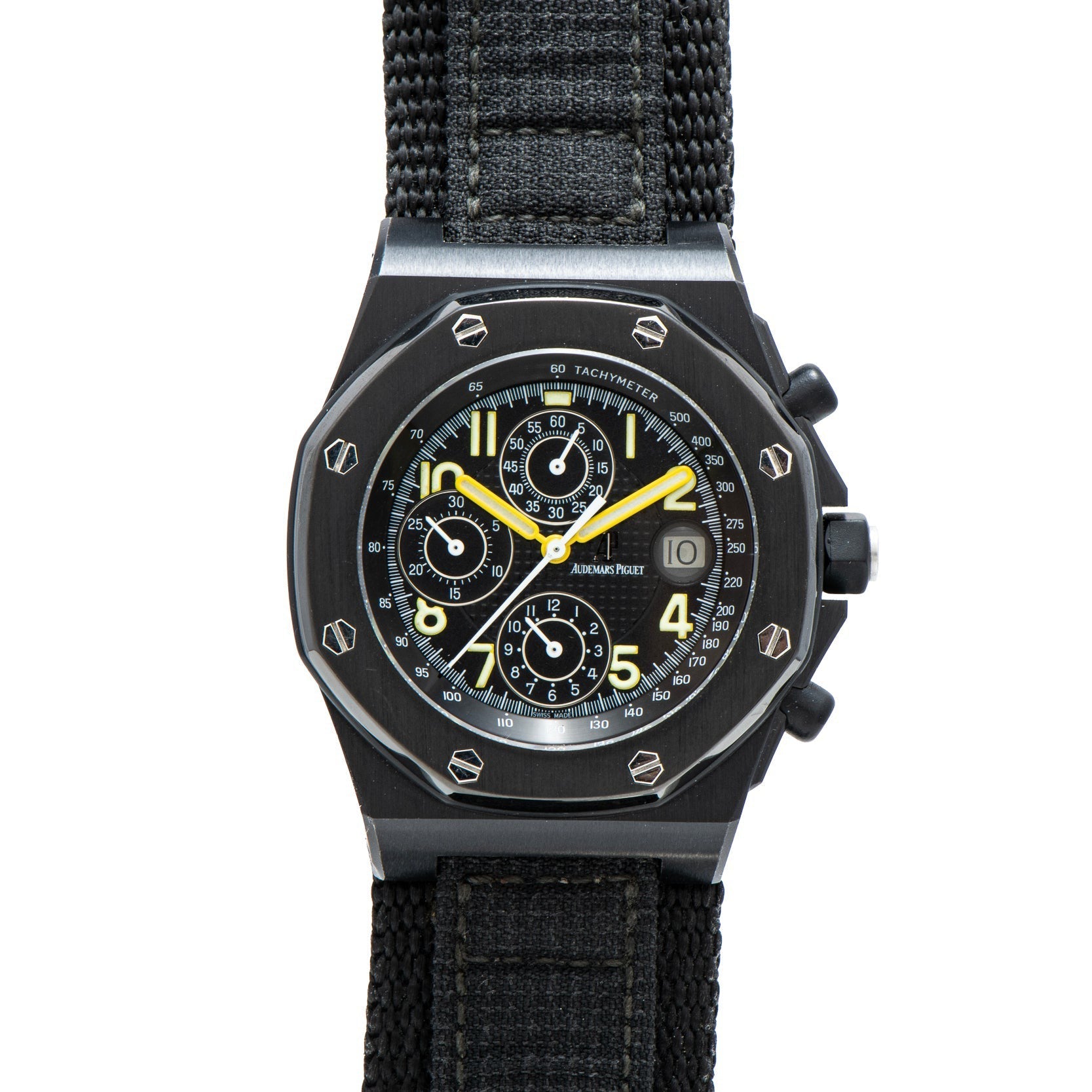 The Audemars Piguet Royal Oak Offshore End of Days is a black chronograph watch featuring yellow accents, a black strap, and visible bezel screws.