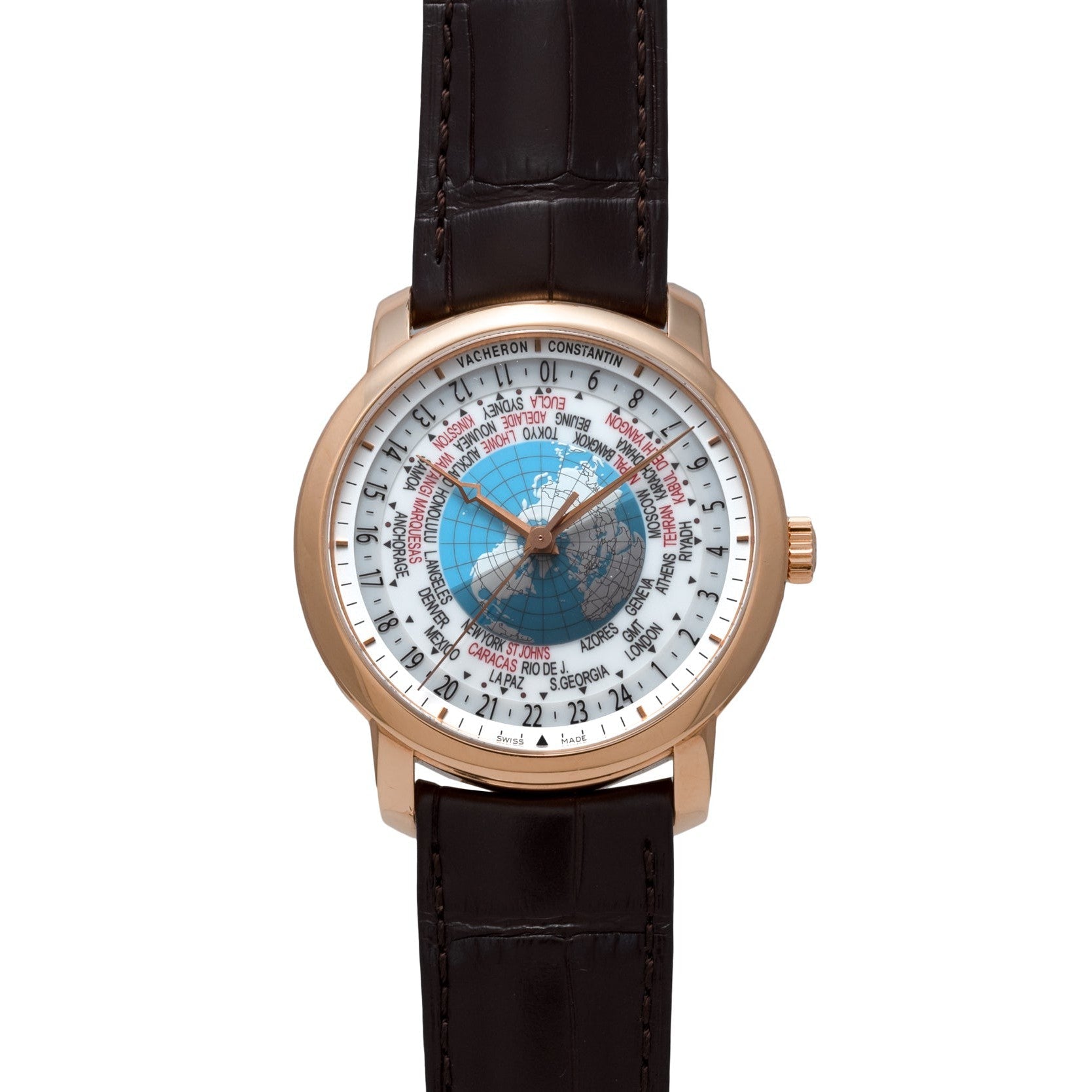 The Vacheron Constantin Traditionnelle World Time is a gold wristwatch featuring a brown leather strap and a world map design on the dial.
