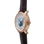 The Vacheron Constantin Traditionnelle World Time in rose gold features a brown leather strap, displayed at an angle against a white background.