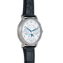 The Lange & Sohne Lange 1815 Annual Calendar is a luxury wristwatch featuring a white dial, blue hands, black leather strap, and multiple subdials for complications.