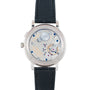 Back view of the Lange & Sohne Lange 1815 Annual Calendar reveals its intricate mechanical movement and elegant black leather strap.