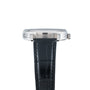Side view of the Lange & Sohne Lange 1815 Annual Calendar, a silver wristwatch with a black leather strap, shown against a white background.