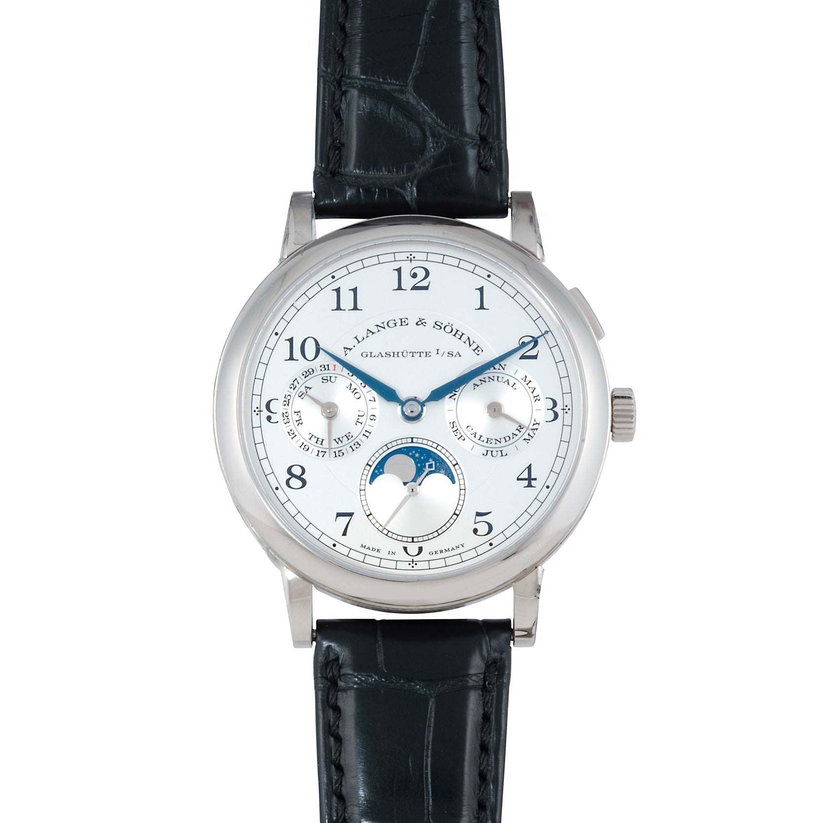 The Lange & Sohne Lange 1815 Annual Calendar is a luxury wristwatch featuring a white dial, black leather strap, and multiple subdials.